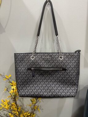 Michael Kors Black and  Silver MK Logo Chain-Handle Tote